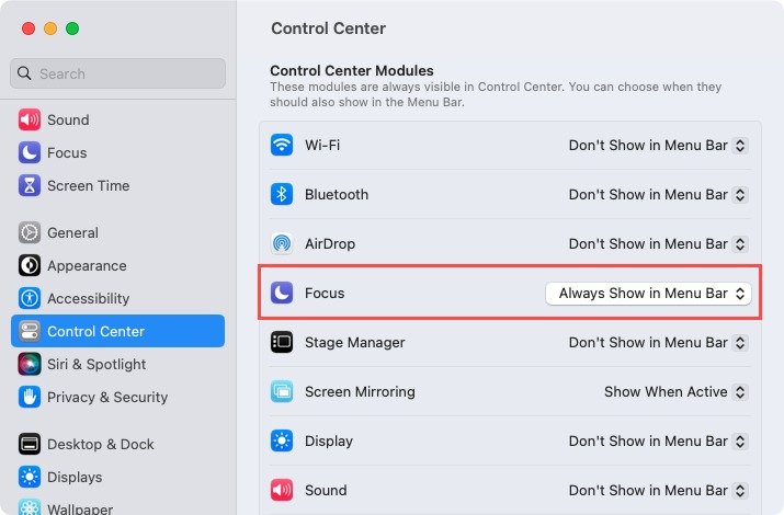 Настройки строки меню Центра управления для Focus на Mac