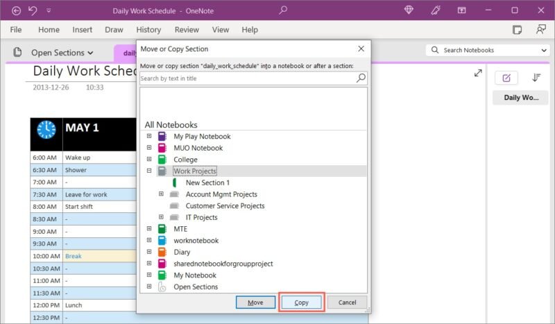 Поле копирования для страницы OneNote