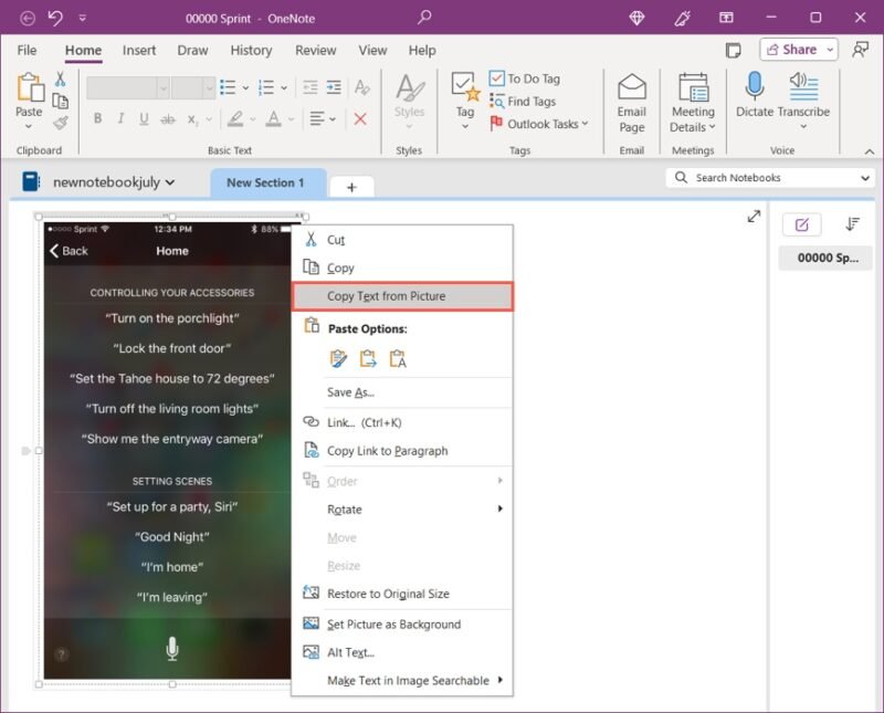 Копирование текста из изображения в OneNote в Windows