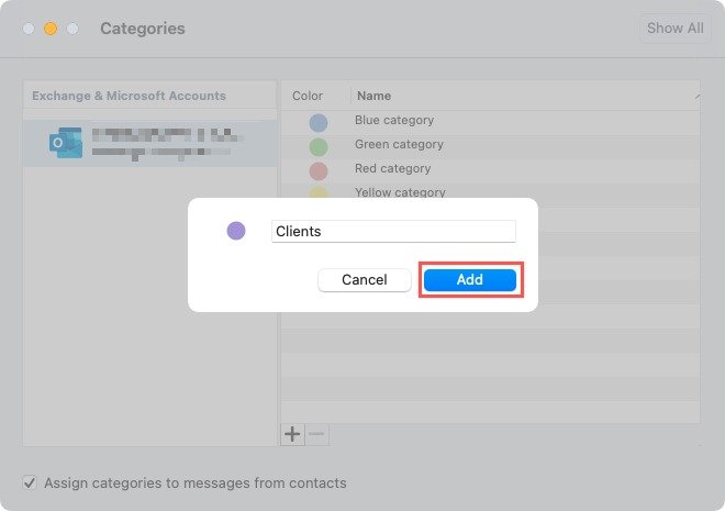 Новая кнопка «Добавить категорию» в Outlook на Mac