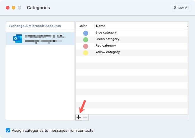 Знак «плюс», чтобы добавить категорию в Outlook на Mac
