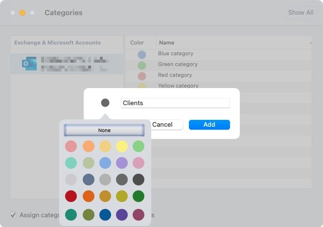 Цвета категорий в Outlook на Mac