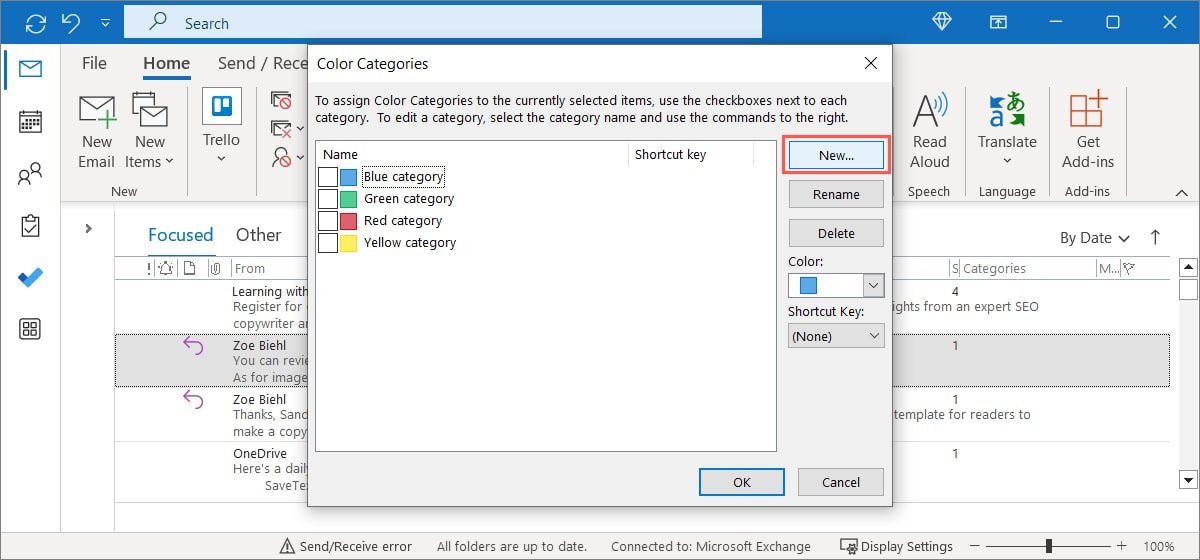 Кнопка новой категории в Outlook для Windows