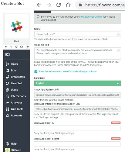 Создайте бота Slack в Flowxo