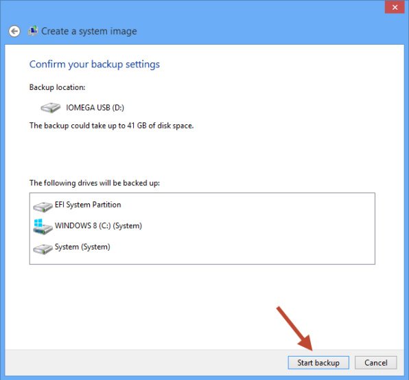 Создание образа системы Windows 8 — подтверждение настроек резервного копирования