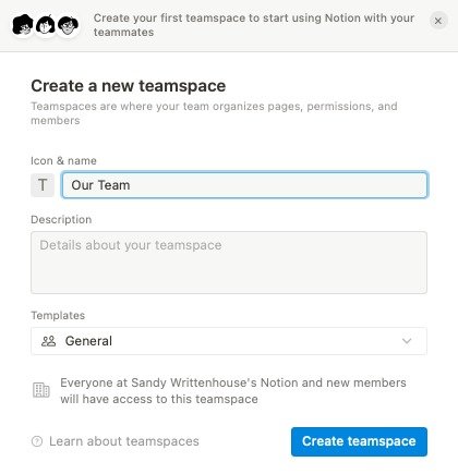 Создайте экран настройки Teamspace в Notion