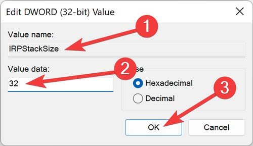 Создание значения Irpstacksize 1