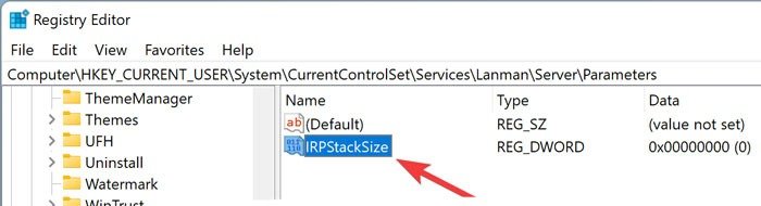 Создание значения Irpstacksize