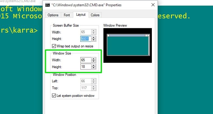 Настроить-Командная строка-размер окна