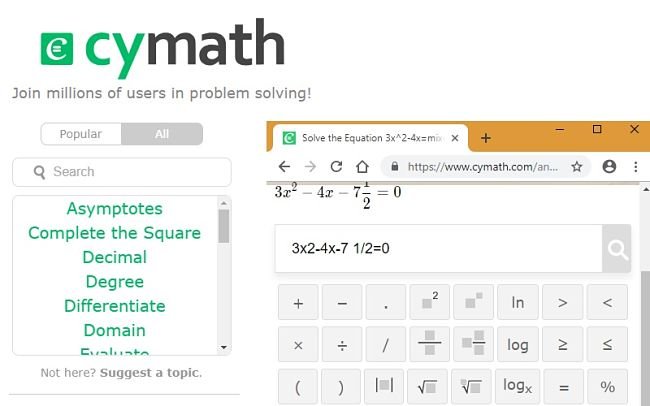 Cymath решает квадратное уравнение, шаг 1