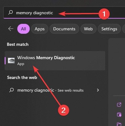 Поиск диагностики памяти Windows с помощью поиска.