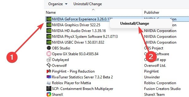 Удаление NVIDIA GeForce Experience.