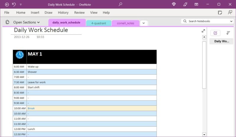 Шаблон ежедневного рабочего расписания из Onenote Gem
