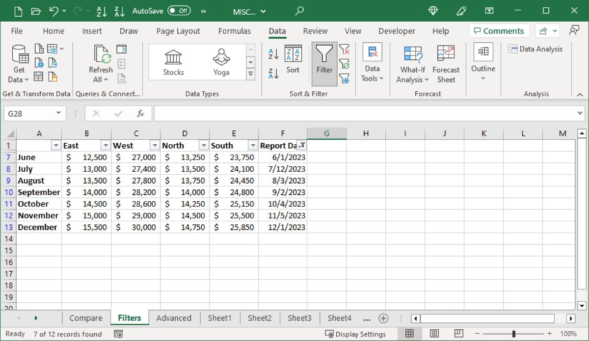 Фильтр даты применен в Excel