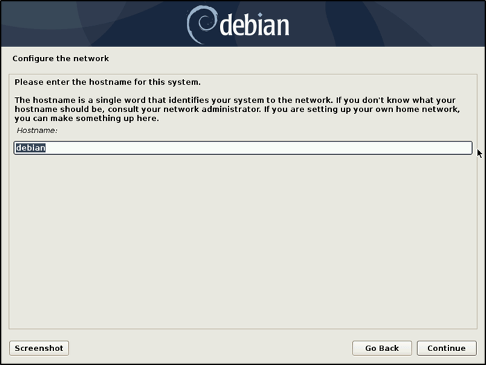 Установка Debian. Выберите имя хоста.