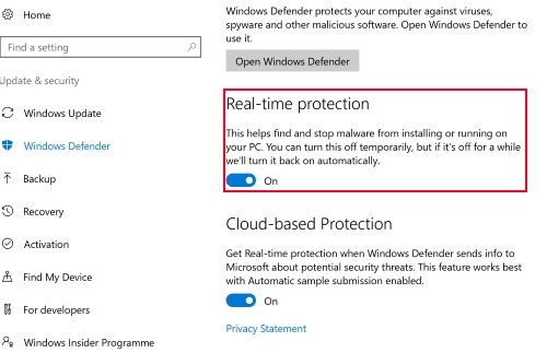 Возможность защиты в реальном времени для отключения Microsoft Defender