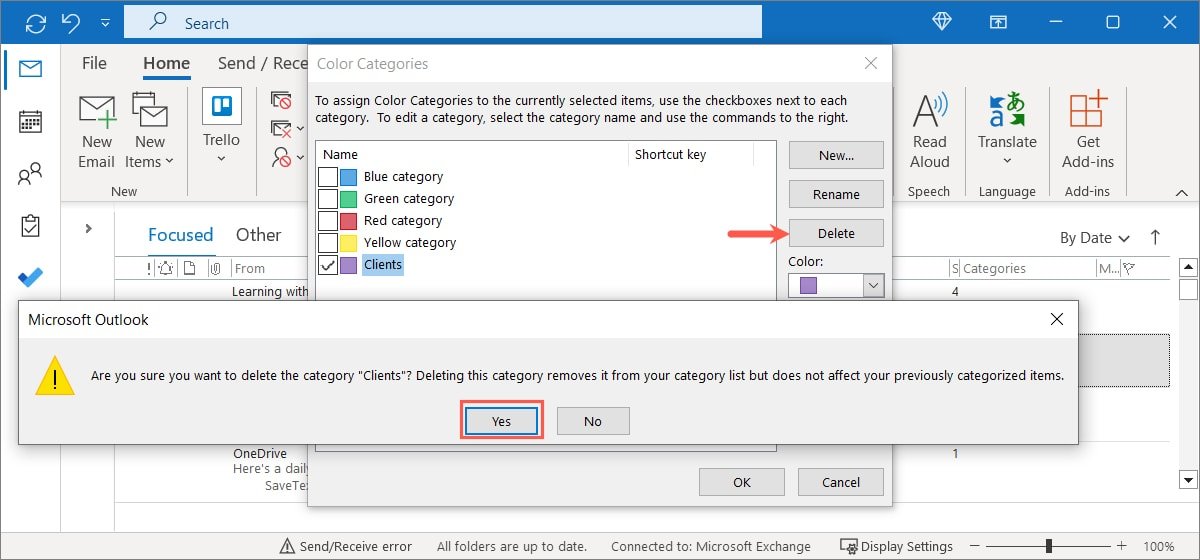 Удаление категории в Outlook для Windows