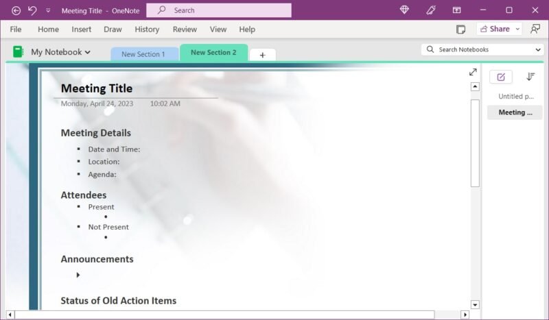 Шаблон подробных заметок о собрании в OneNote