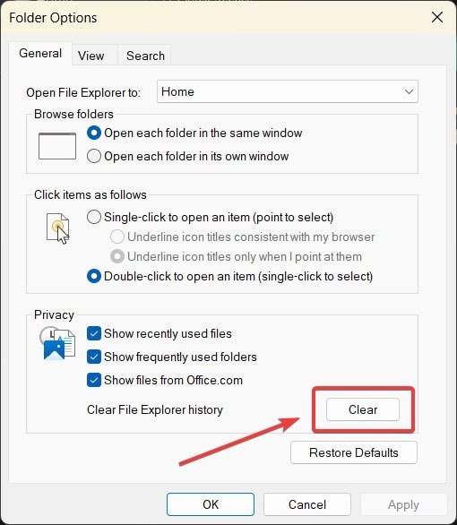 Нажмите кнопку «Очистить», чтобы удалить историю проводника в параметрах папки.