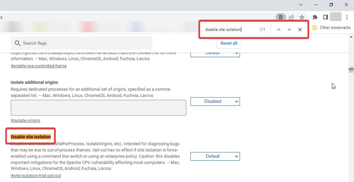 Отключить строгий поиск Отключить изоляцию сайтов в флагах Chrome