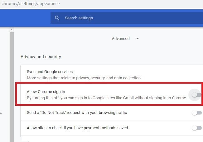 Запретить вход в Chrome в настройках Внешний вид