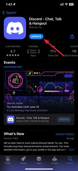 Обновление экрана Discord Discord на Iphone