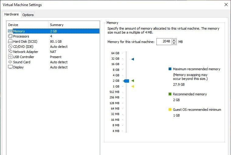 Настройки виртуальной машины VMware