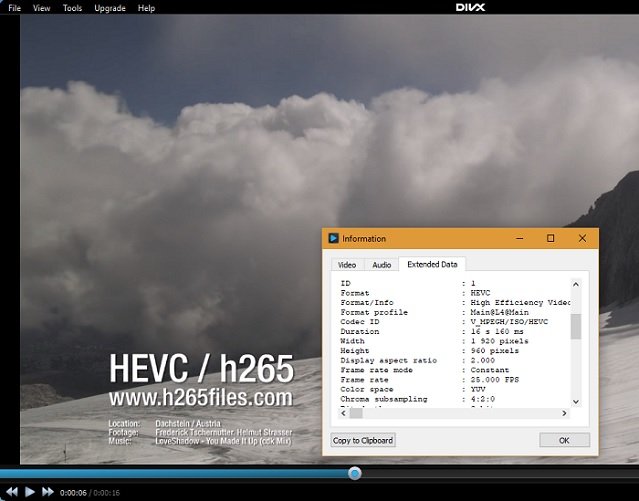 DivX с запуском видео HEVC