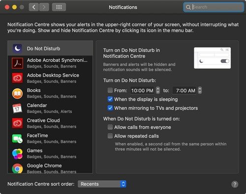 Параметры «Не беспокоить» на Mac