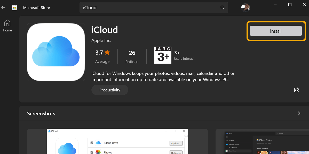 Загрузка iCloud из Microsoft Store.