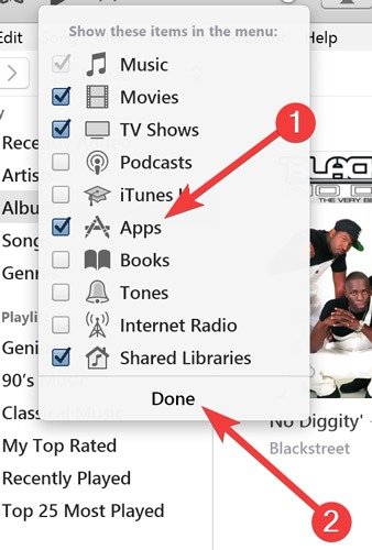 Установите флажок «Приложения» в поле «Показать эти элементы в меню» в iTunes для Windows.
