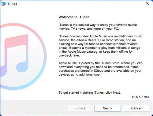 Вид окна установки «Добро пожаловать в iTunes».