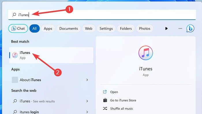 Ввод «iTunes» в поиске Windows.