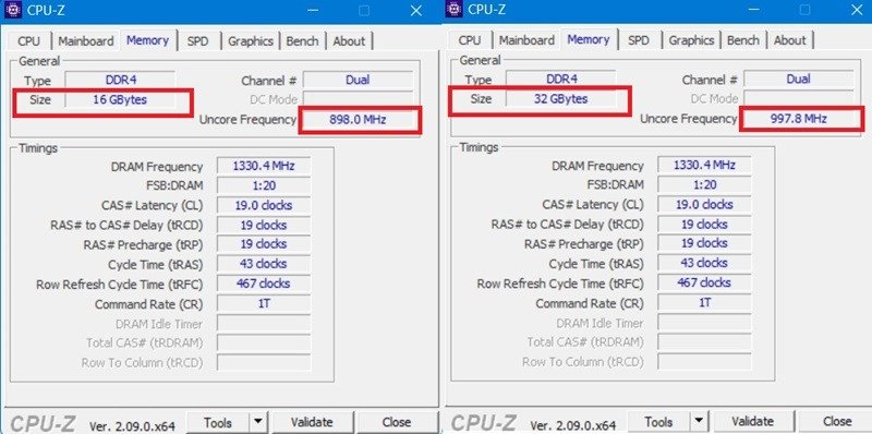 Сравнение частоты Uncore между одноканальной и двухканальной оперативной памятью, 16 ГБ и 32 ГБ, измерено CPU-Z на вкладке «Память».
