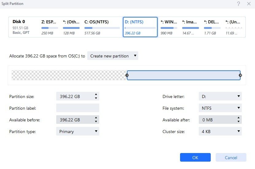 Создание диска D в Windows 11 с использованием функции разделения раздела EaseUS Partition Master.