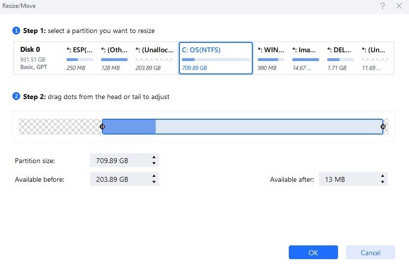 Перетащите ползунки в EaseUS Partition Master, чтобы изменить размер раздела для диска C с видимым нераспределенным пространством.