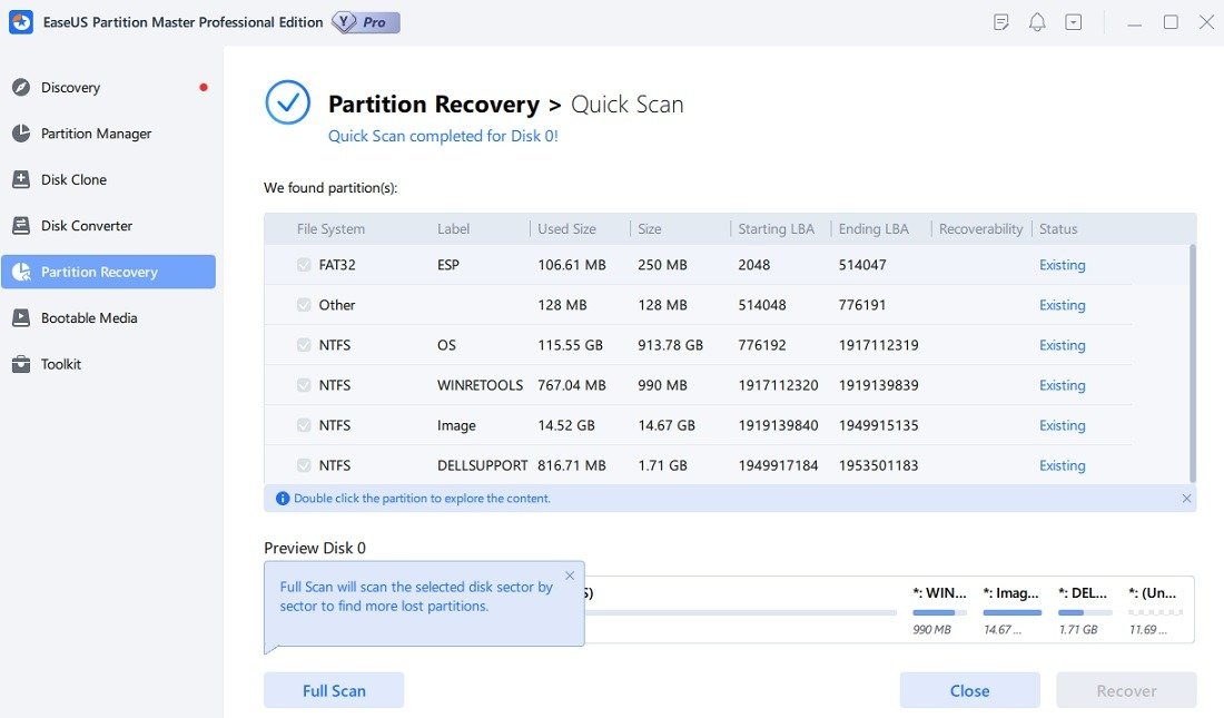 Сканируйте раздел для восстановления в EaseUS Partition Master.