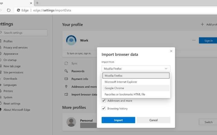 Профили пользователей Edge импортируют данные браузера