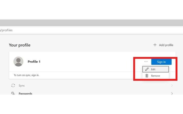 Профили пользователей Edge. Выберите «Редактировать».