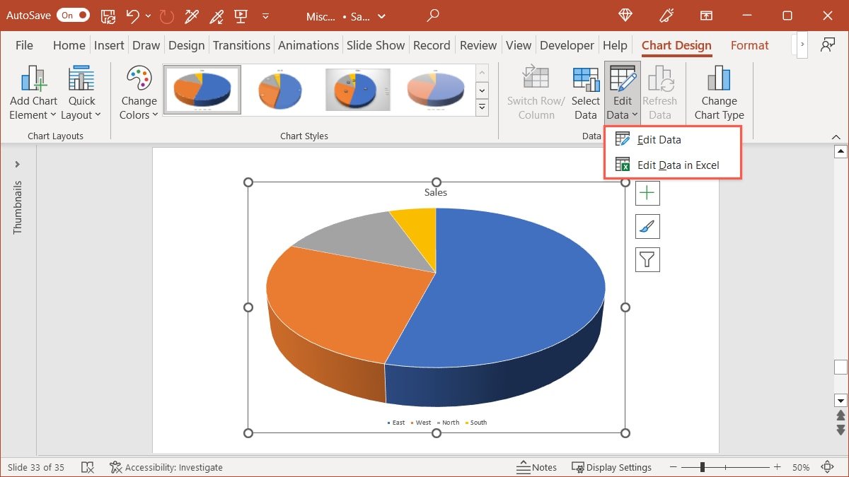 Параметры редактирования данных на ленте в PowerPoint