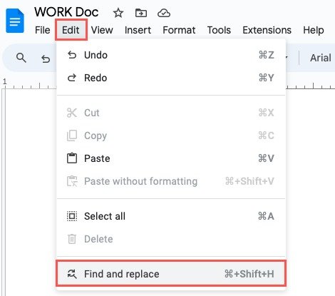 Найти и заменить в меню «Правка» Документов Google
