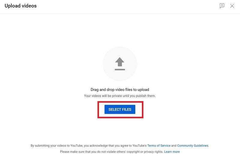 Нажмите «Выбрать файлы», чтобы загрузить видео на странице загрузки видео в Студии YouTube. .