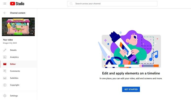 Нажмите кнопку «Редактор» в левой части Студии YouTube, а затем нажмите «Начать».