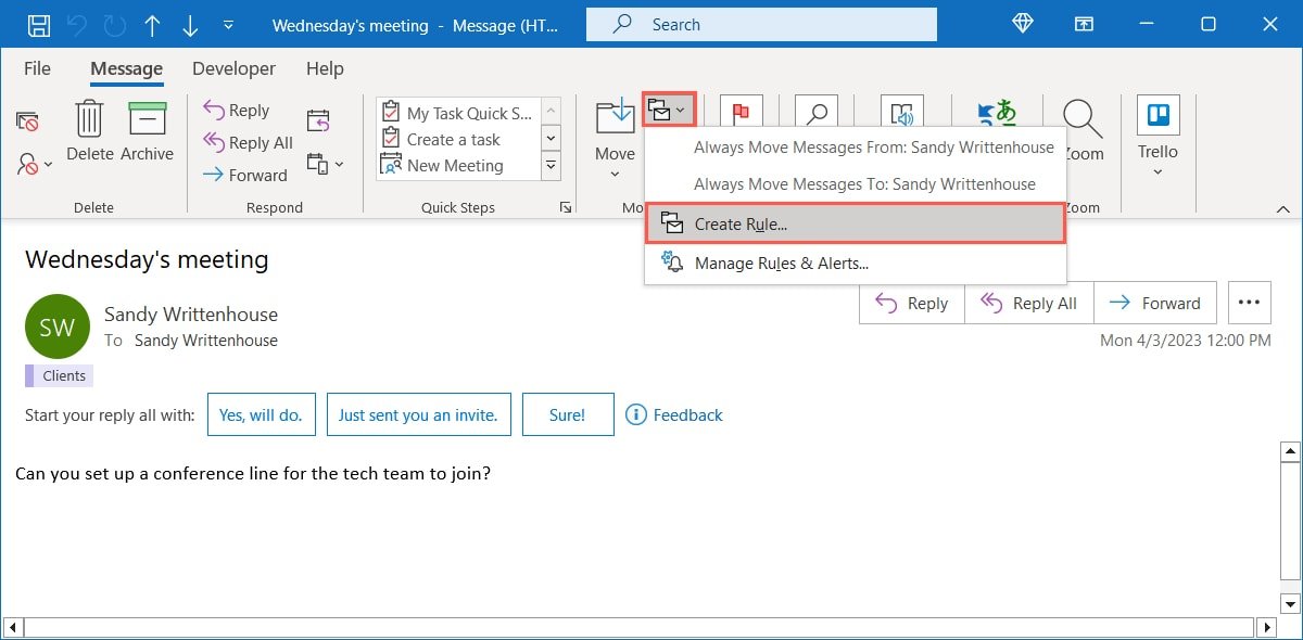 Создать правило в меню «Правила Outlook»