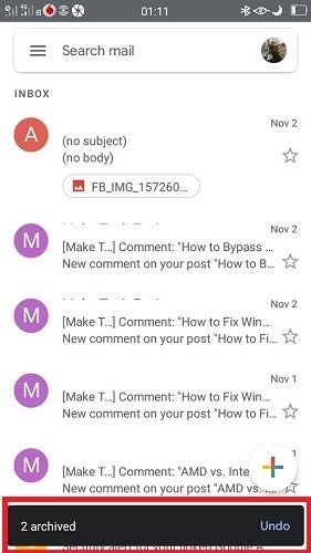 Электронная почта заархивирована в Gmail Mobile