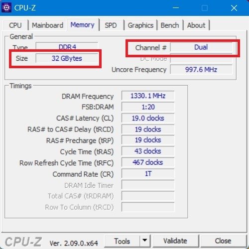 CPU-Z отображает двухканальную оперативную память с объединенным объемом памяти.