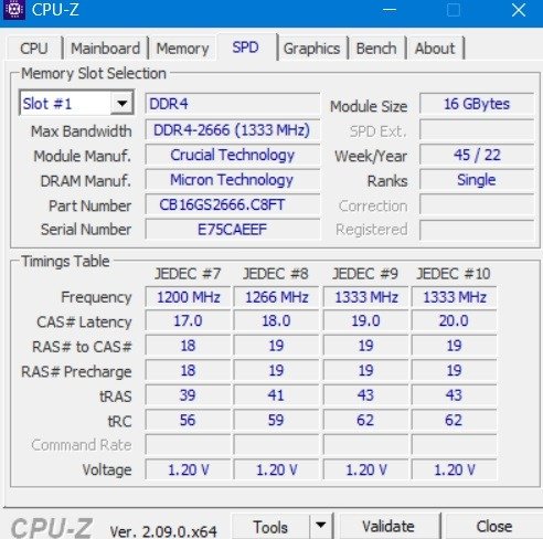 Проверка статистики памяти для слота памяти в программном обеспечении CPU-Z.