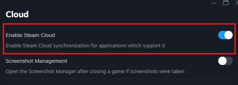 Активация переключателя рядом с «Включить Steam Cloud».