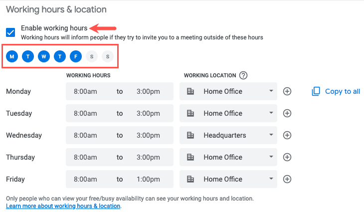 Включить рабочие часы и дни в Календаре Google