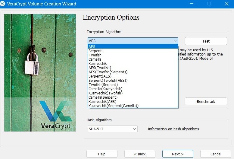 Выберите «Параметры шифрования» в VeraCrypt.